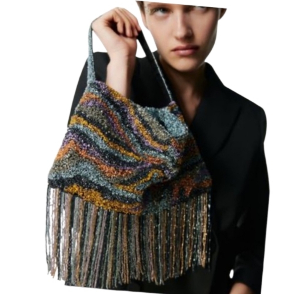 New Zara Multicolor Beaded Fringe Bag